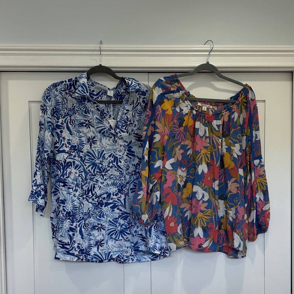 2 Women’s 1X Floral Print Women's Tops - Blue/White and Multicolor